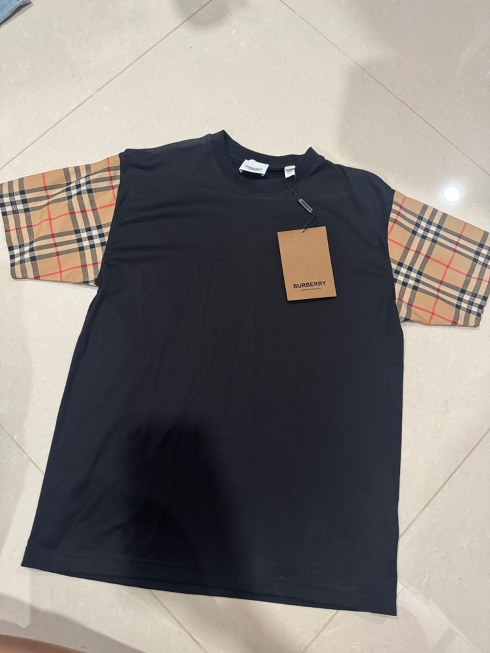 Burberry Black Tee with Signature Beige Check Sleeves